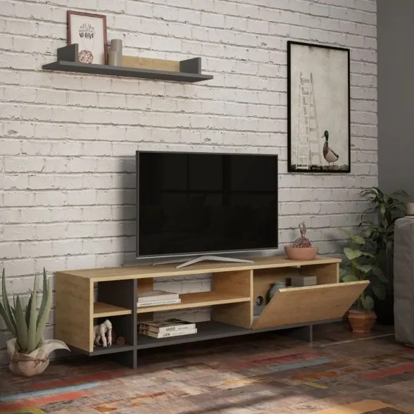 Mobile Porta TV 160 Cm Con Vani E Mensola Superiore Stockton Rovere E Antracite