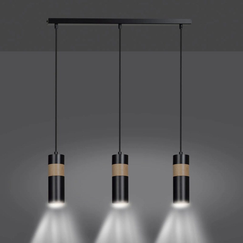 Lampadario 3 Luci Akari In Acciaio Nero A Cilindro Con Legno Naturale