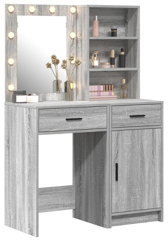 Set di tavolo da trucco a 2 pezzi con led grigio in legno ingegnerizzato di sonoma