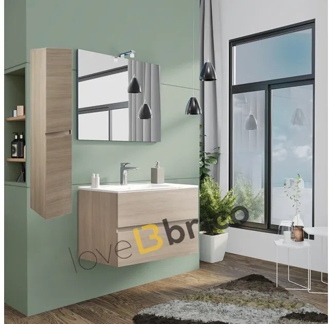 Mobile da bagno sospeso 80 cm con lavabo, colonna, specchio e led rovere fumo