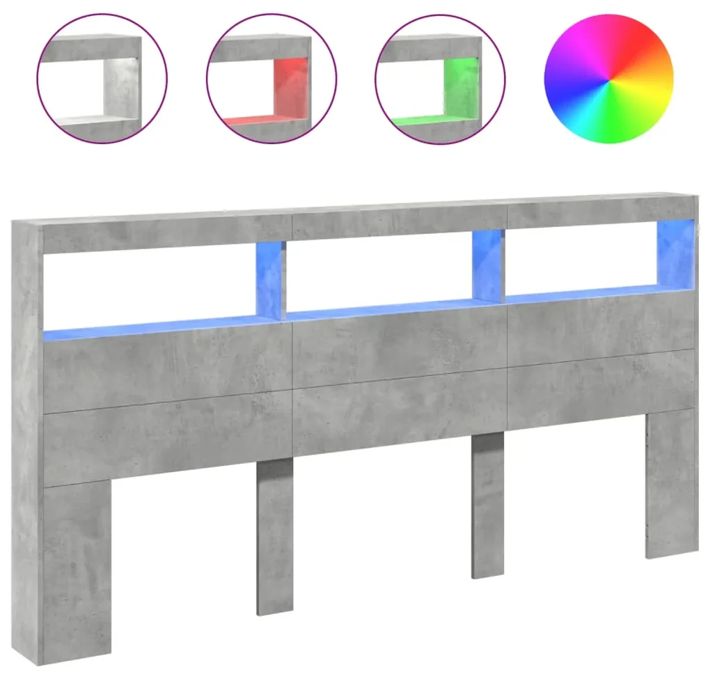 Testiera con contenitore a led grigio cemento 200x17x102 cm