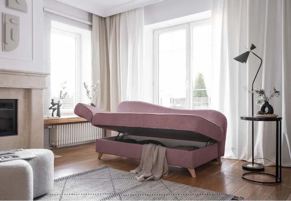 Chaise longue rosa polveroso (con penisola a sinistra) con rivestimento in velluto a coste Chic Charlotte – Miuform