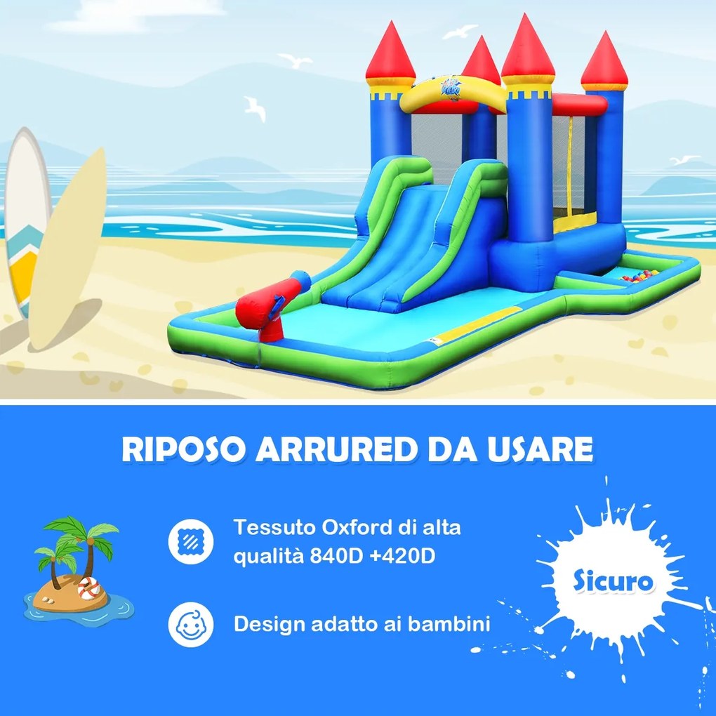 Costway Parco acquatico gonfiabile con compressore per l’uso bagnato e asciutto, Scivolo acquatico gonfiabile con piscina