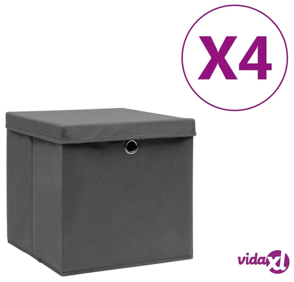 vidaXL Contenitori con Coperchi 4 pz 28x28x28 cm Grigio