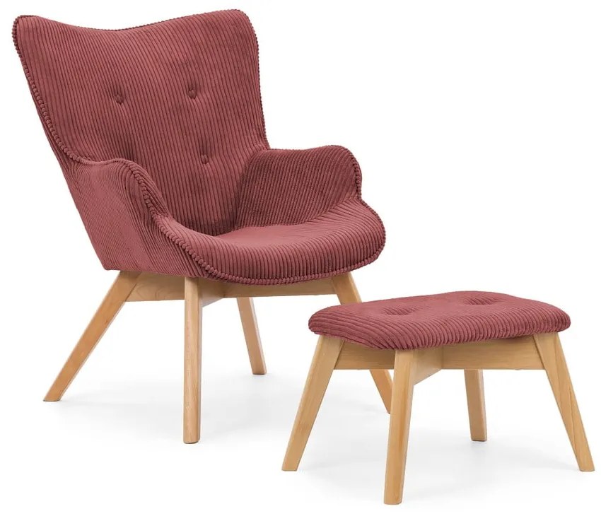 Poltrona con poggiapiedi rossa con rivestimento in velluto a coste Niko – Ropez