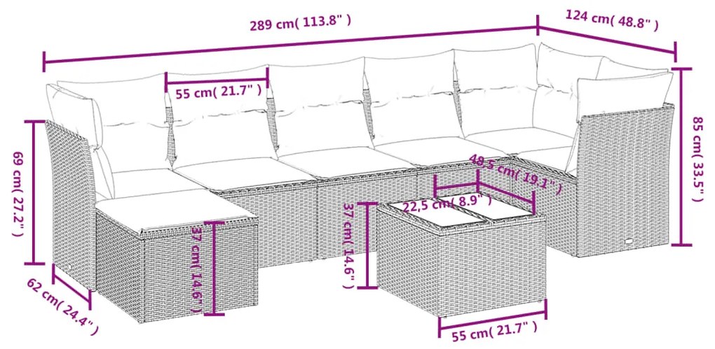 Set divano da giardino 8pz con cuscini grigio chiaro polyrattan