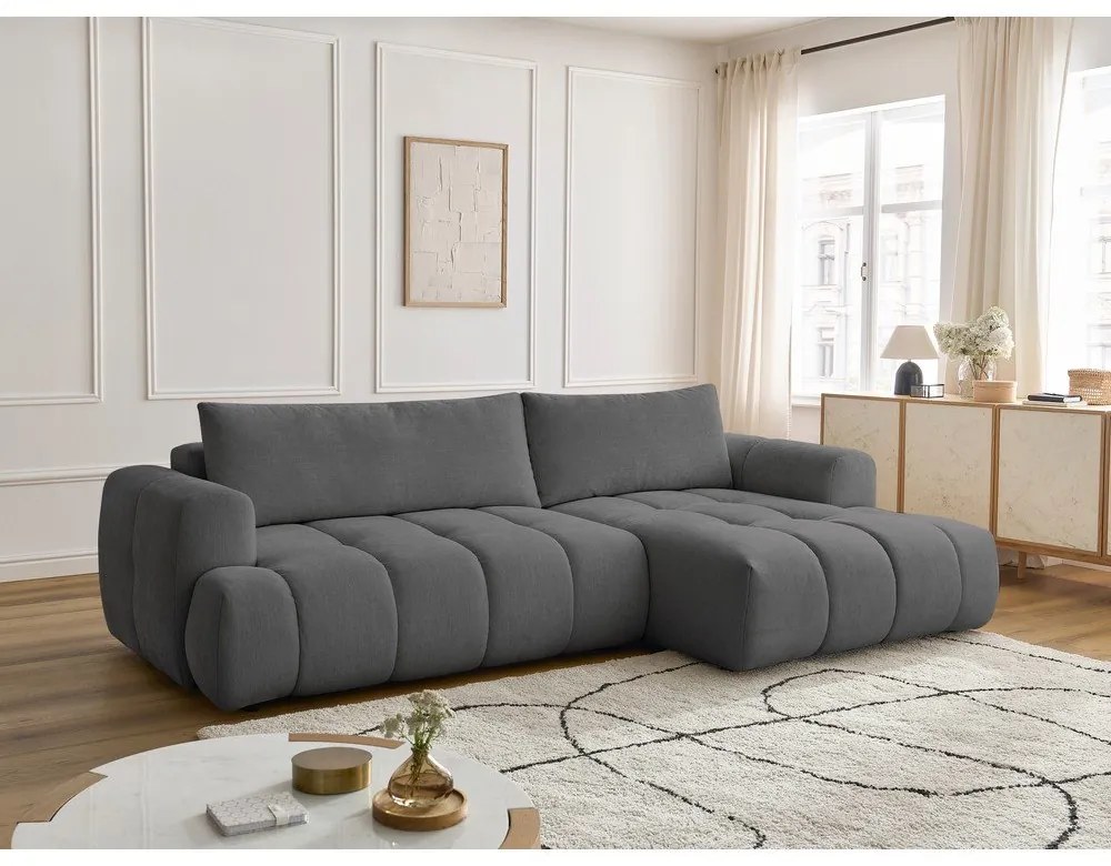 Divano angolare grigio scuro allungabile e con contenitore (penisola a destra/chaise lounge) Fuji – Bobochic Paris