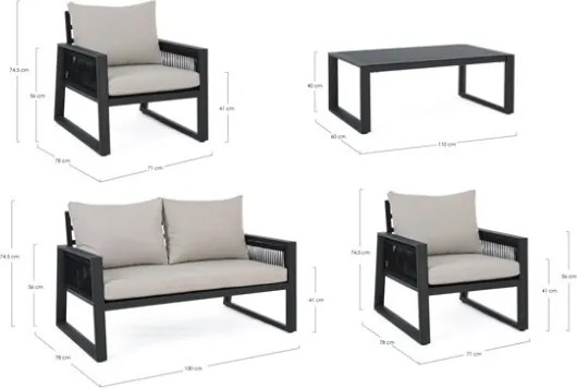 Salottino Da Esterno In Corda E Alluminio Con Cuscini E Tavolino Antracite Captiva Bizzotto