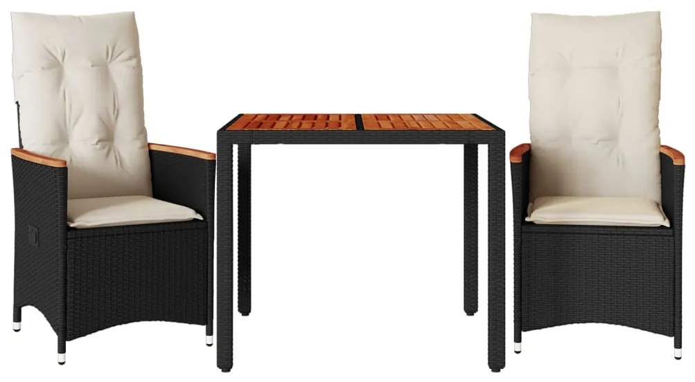 Set da bistrò 3 pz con cuscini nero in polyrattan