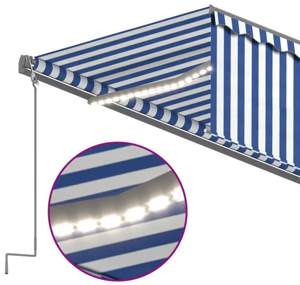 Tenda Automatica Parasole LED Sensore Vento 5x3 m Blu Bianco