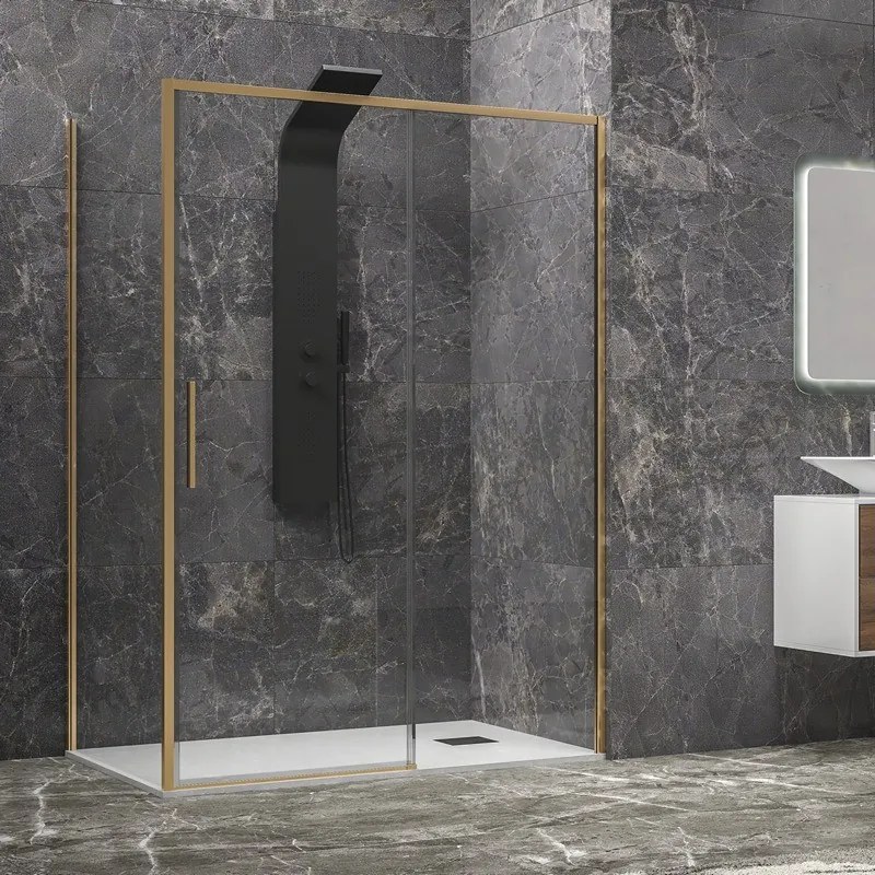 Box doccia oro satinato 90x100 scorrevole e fisso vetro 6mm altezza 200h | KLA-4000G - KAMALU
