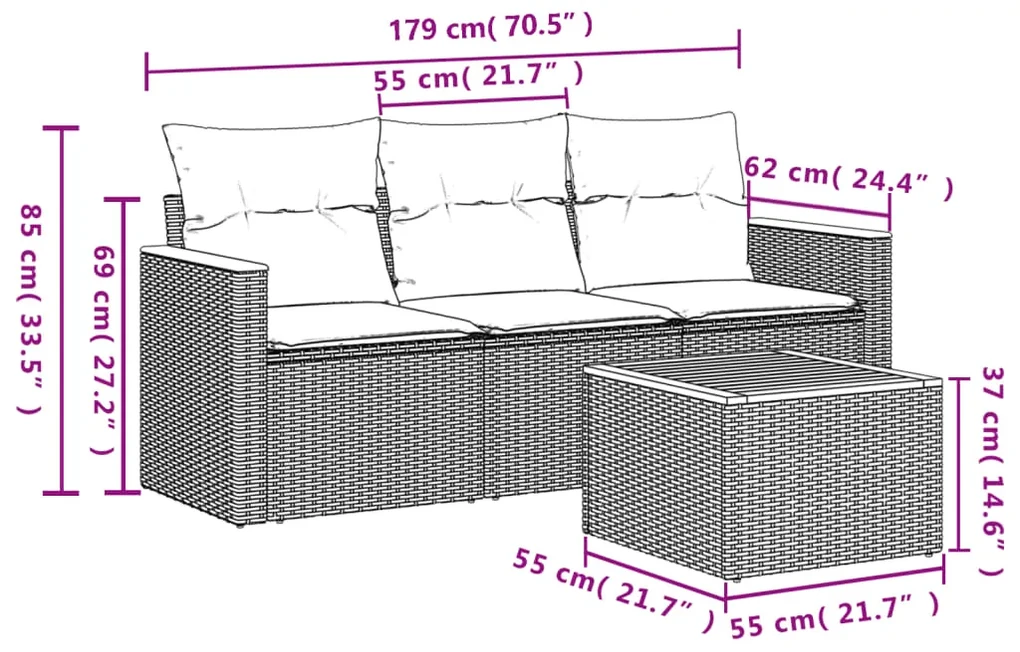 Set divani da giardino 4 pz con cuscini in polyrattan grigio