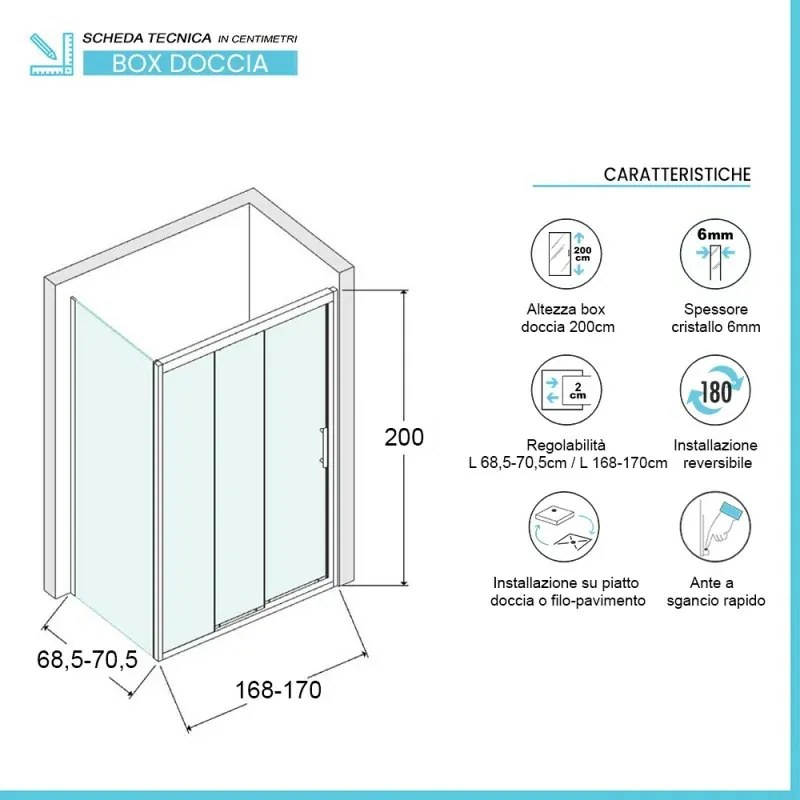 Box doccia 70x170 cm con porta scorrevole trasparente H 200 cm Ted