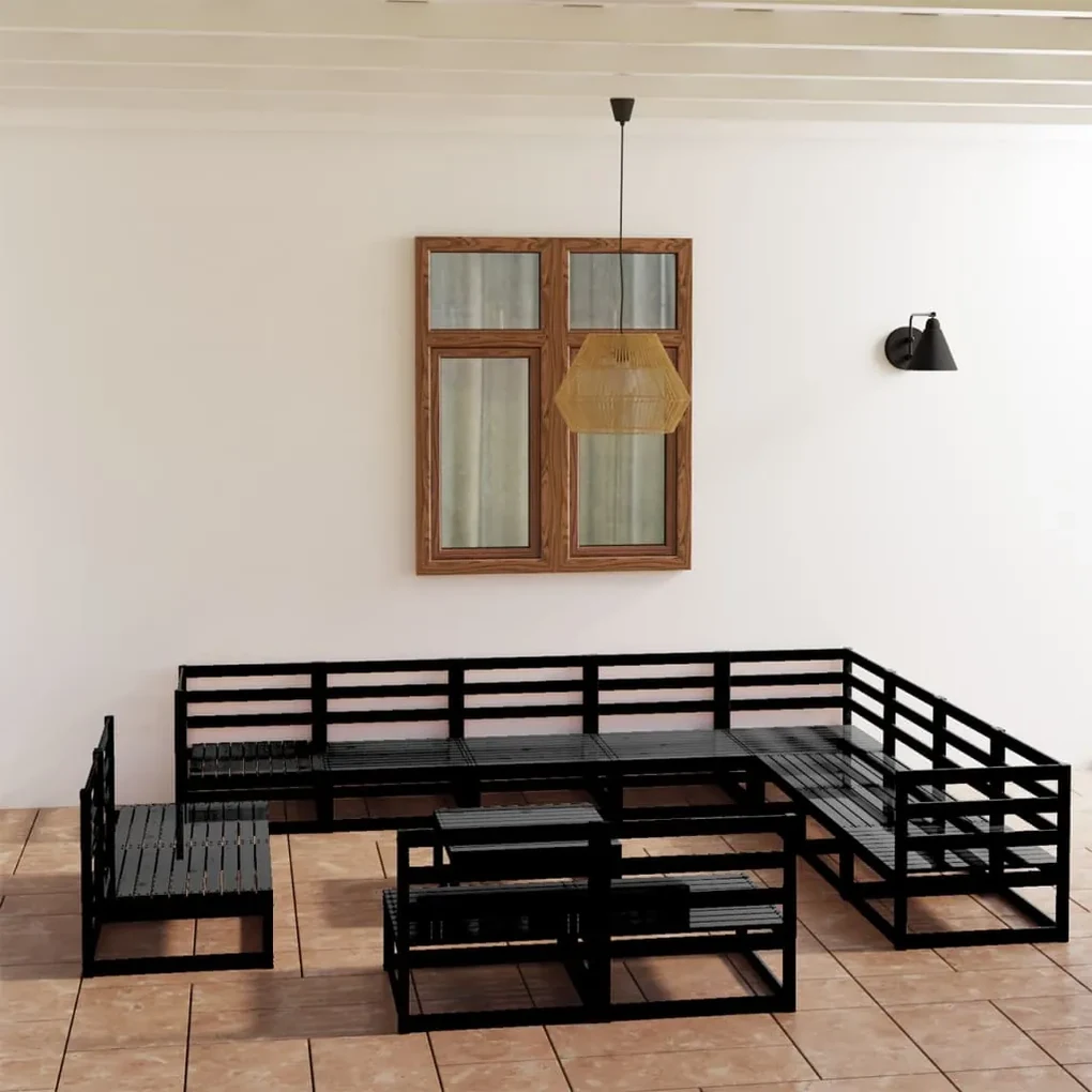 Set divani da giardino 13 pz nero in legno massello di pino