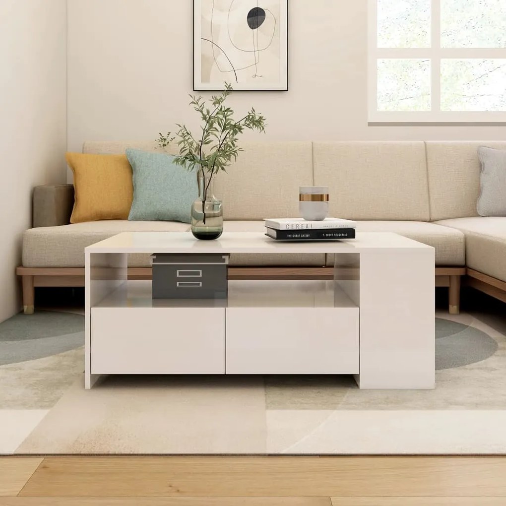 Tavolino Da Salotto Bianco Lucido 102x55x42 Cm Legno Compensato /
