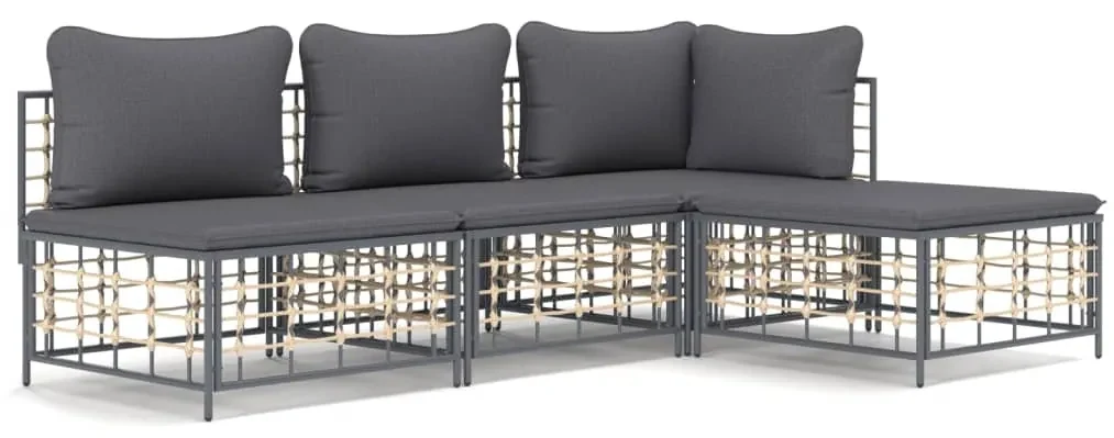 Set divani da giardino 4 pz con cuscini antracite in polyrattan