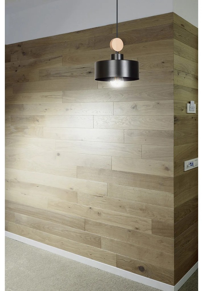 Sospensione 1 Luce Zhurong In Acciaio Nero E Legno Naturale