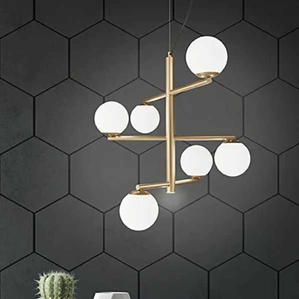 Lampada a sospensione GIZAH a 6 luci in metallo D76 cm con diffusori in vetro soffiato ORO