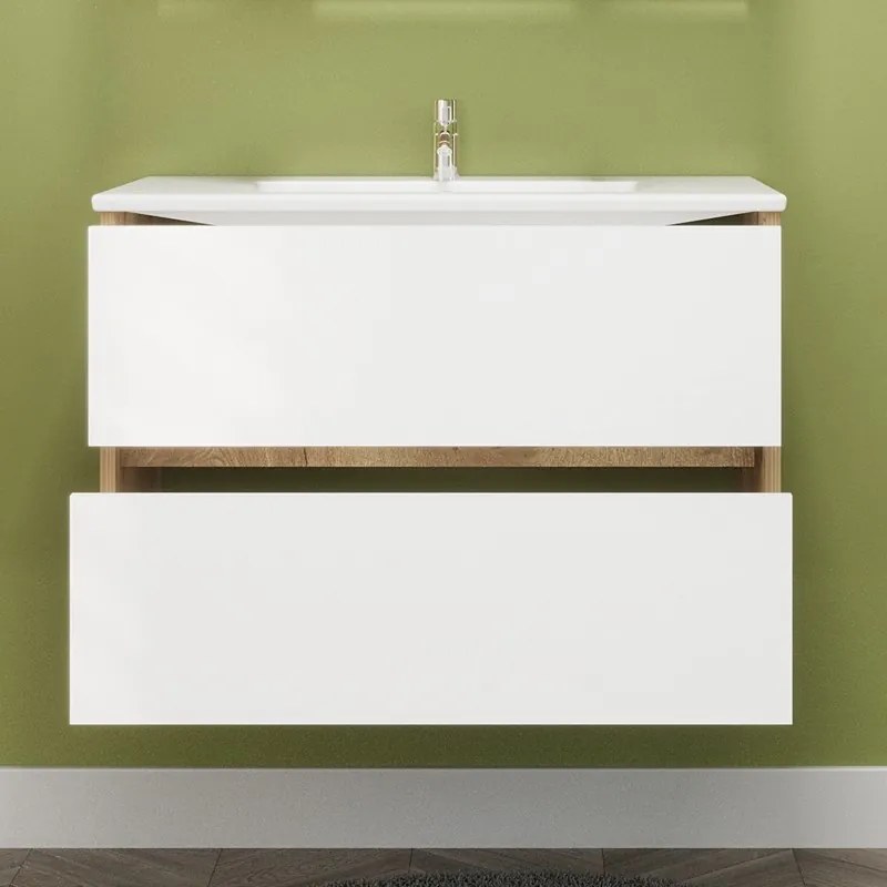 Kamalu - Mobile bagno sospeso 80 cm bicolore rovere naturale e bianco | LAC-AMFI-80