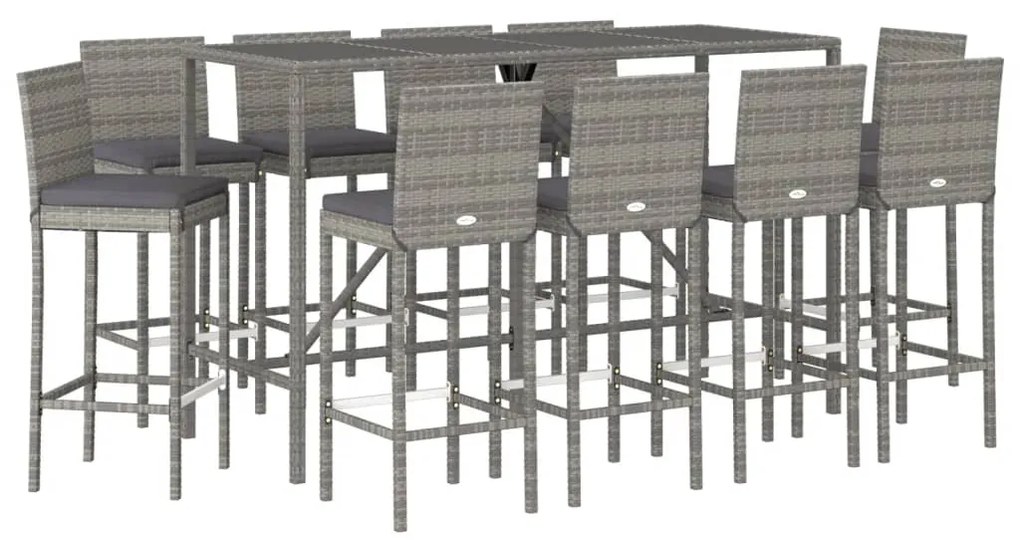 Set bar da giardino 11 pz con cuscini in polyrattan grigio