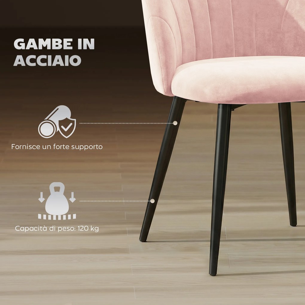 Set 2 Sedie da Pranzo Imbottite 52x55x79 cm con Schienale a Conchiglia in Velluto Rosa...