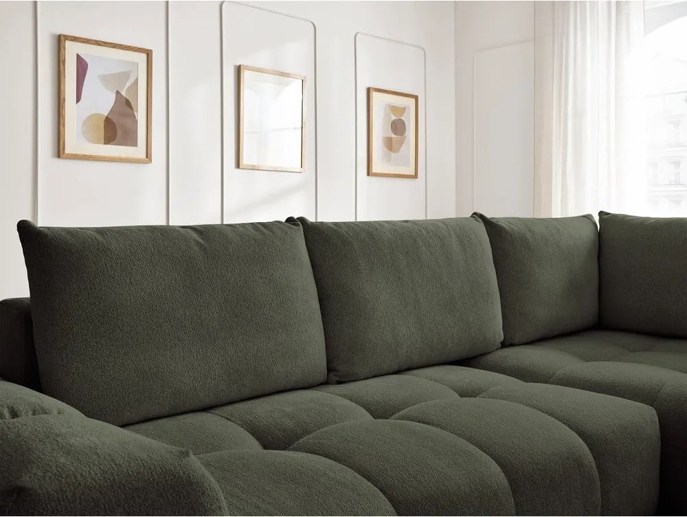 Divano angolare verde allungabile e con contenitore (penisola a destra/a L) con rivestimento in ciniglia Everest – Bobochic Paris