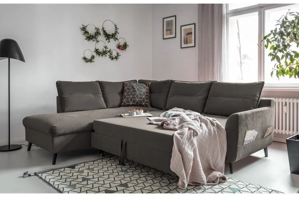 Divano letto angolare in velluto grigio scuro L, angolo sinistro Stylish Stan - Miuform