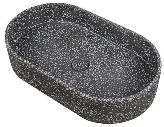 Kamalu - Lavabo da appoggio ovale con finitura terrazzo nero | KTERL-600N