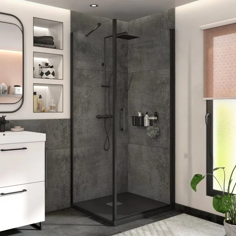 Porta doccia battente Remix, L 87.5-90.5 cm x H 195 cm x SP 6 mm, profilo nero