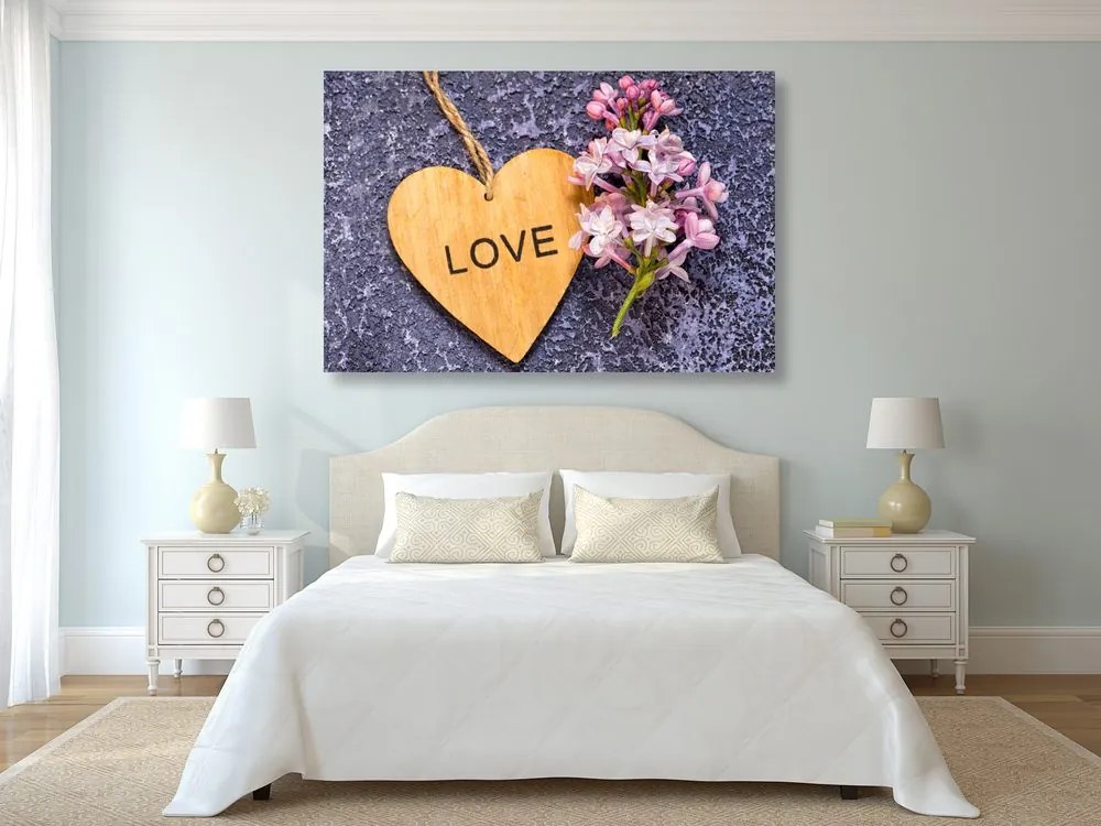 Quadro su tela – Cuore di legno con scritta Love