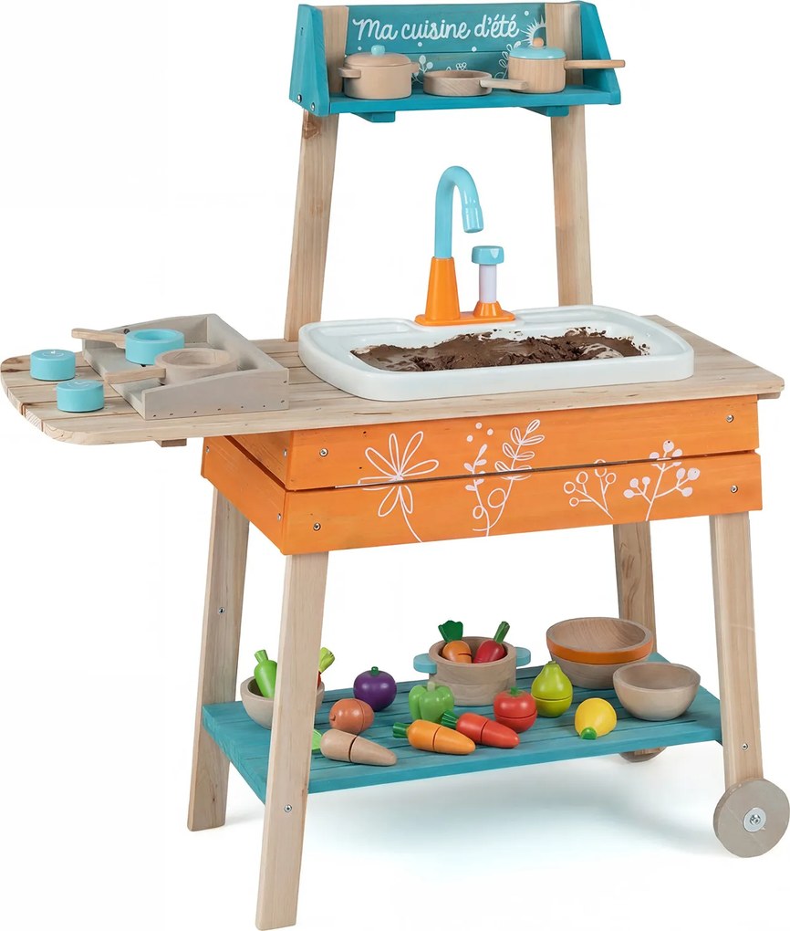 Costway Set cucina da gioco per bambini esterno legno lavandino rimovibile griglia, Cucina giocattolo manopole girevoli rubinetto circolazione 3+ anni