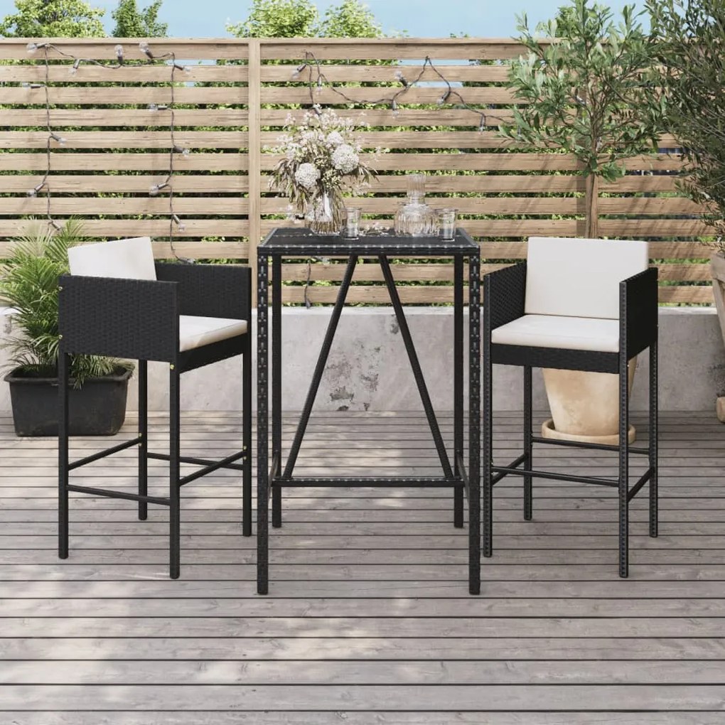 Set Bar Da Giardino 3 Pz Con Cuscini İn Polyrattan Nero /