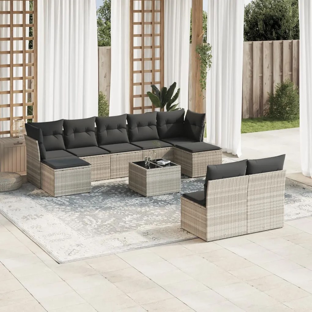 Set divano giardino 10 pz con cuscini grigio chiaro polyrattan