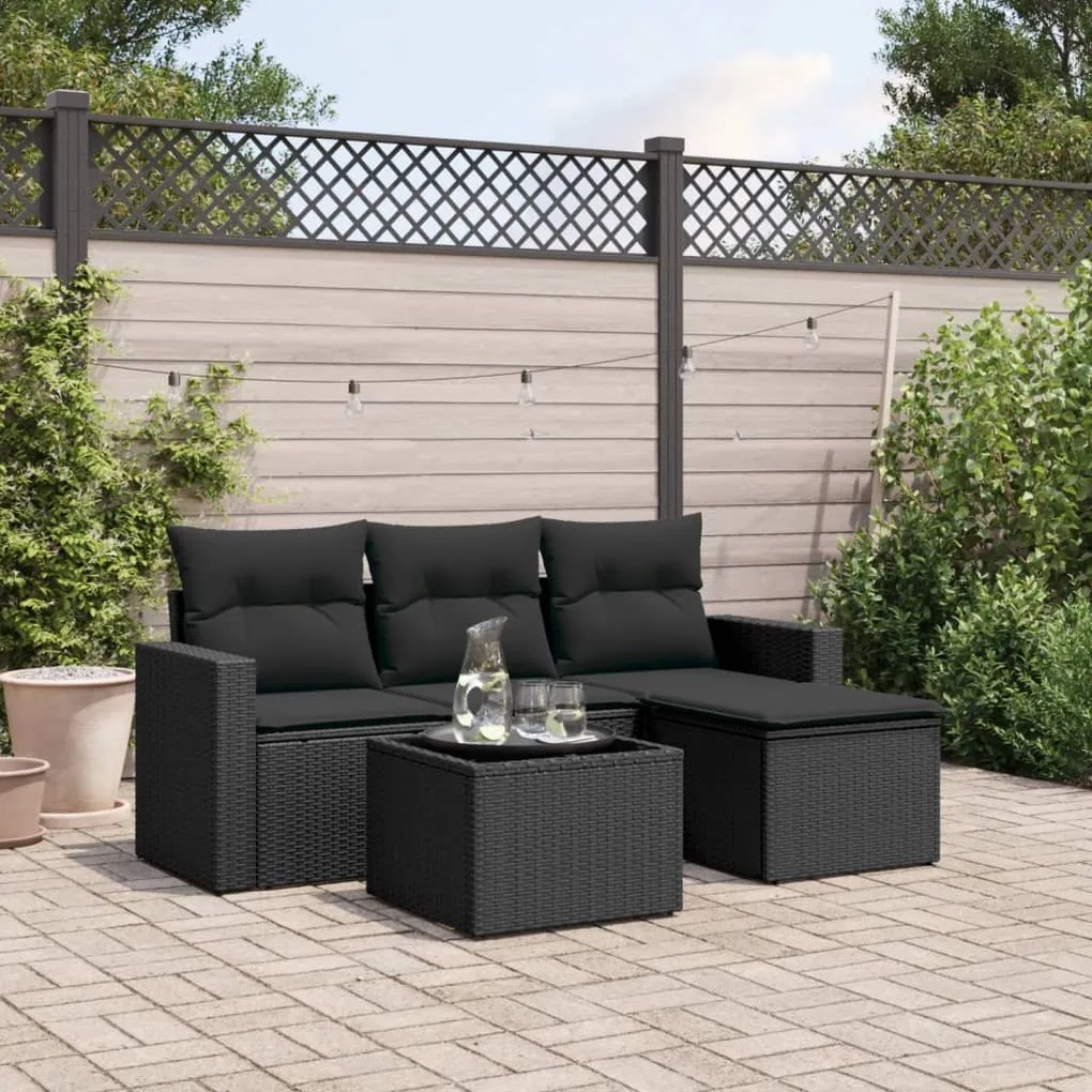 Set divani da giardino 5 pz con cuscini in polyrattan nero