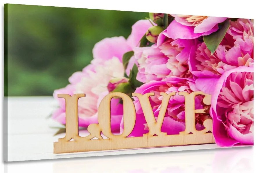 Quadro su tela – Peonie con scritta Love