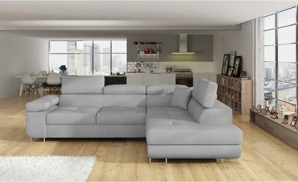 Divano angolare grigio chiaro allungabile/con contenitore (con penisola a destra/a L) e rivestimento in velluto Anton – ELTAP