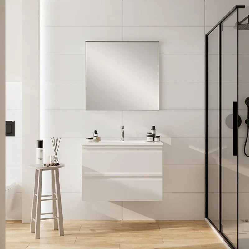 Mobile Pull L80 H55 P45 bianco opaco laccato 2 cassetti a chiusura ammortizzata e lavabo in mineralmarmo bianco opaco, piedini non inclusi