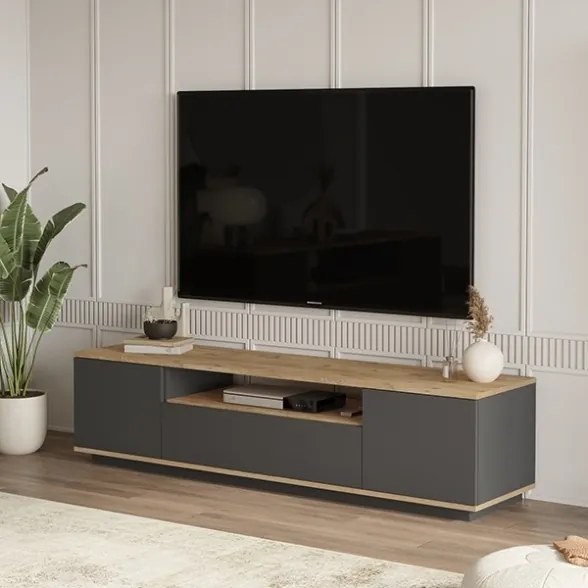 Mobile TV Da Terra 180 Cm Con Vano Ed Ante Antracite E Legno Todd