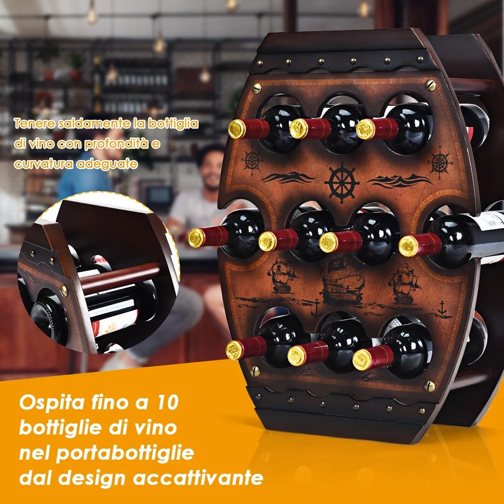 Costway Portabottiglie da tavolo in legno a 3 piani per 10 bottiglie di vino 59x45x20cm Marrone