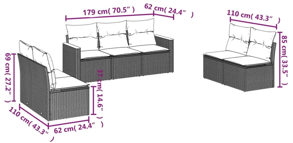Set divani da giardino con cuscini 7pz nero polyrattan