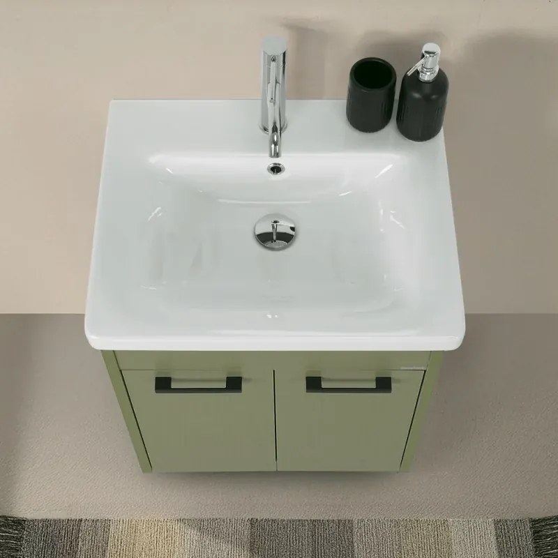 Mobile bagno sospeso 55 cm verde effetto legno con armadietto a specchio Sofia