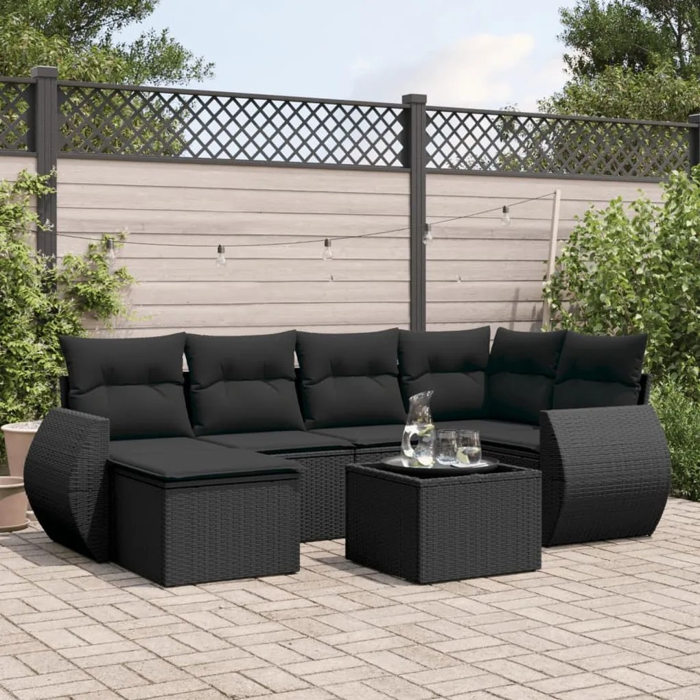 Set Divani da Giardino con Cuscini 7pz Nero Polyrattan