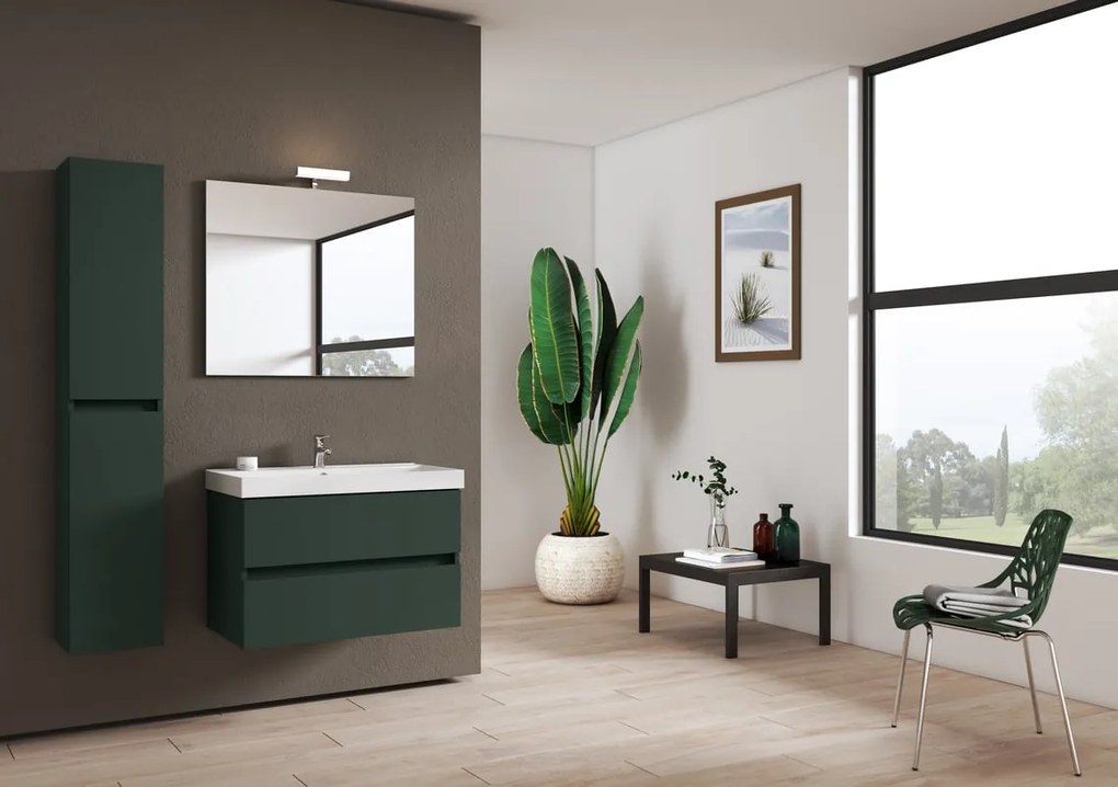 Mobile bagno sospeso con lavabo L 79.5 x H 50 x P 45.5 cm laccato opaco verde foresta 2 cassetti per vasca centrale Kora