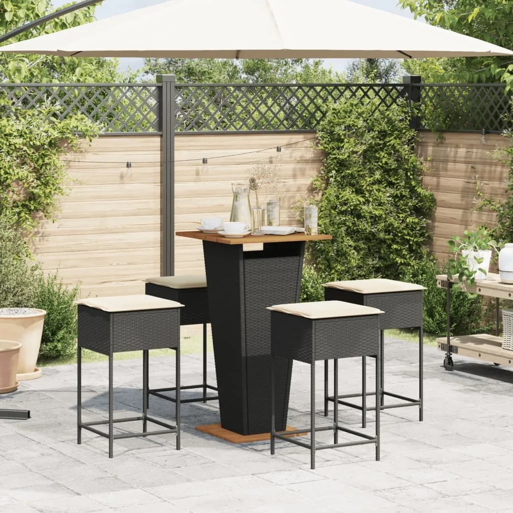 Set bar da giardino 5 pz con cuscini in polyrattan nero