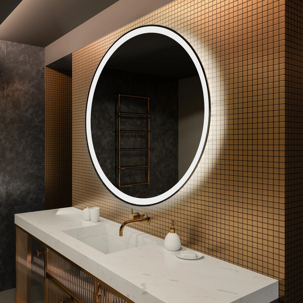 Rotondo specchio parete retroilluminato per bagno L76 specchio trucco con luci con Specchio cosmetico, Orologio tattile sinistra