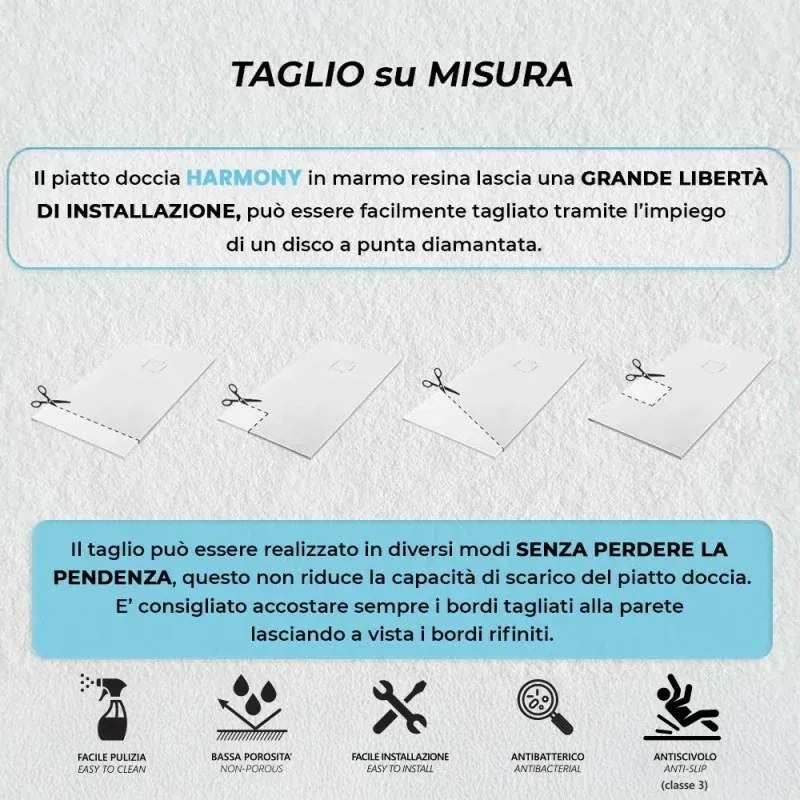 Piatto doccia 100x120 in marmoresina bianco con griglia in acciaio inox Harmony