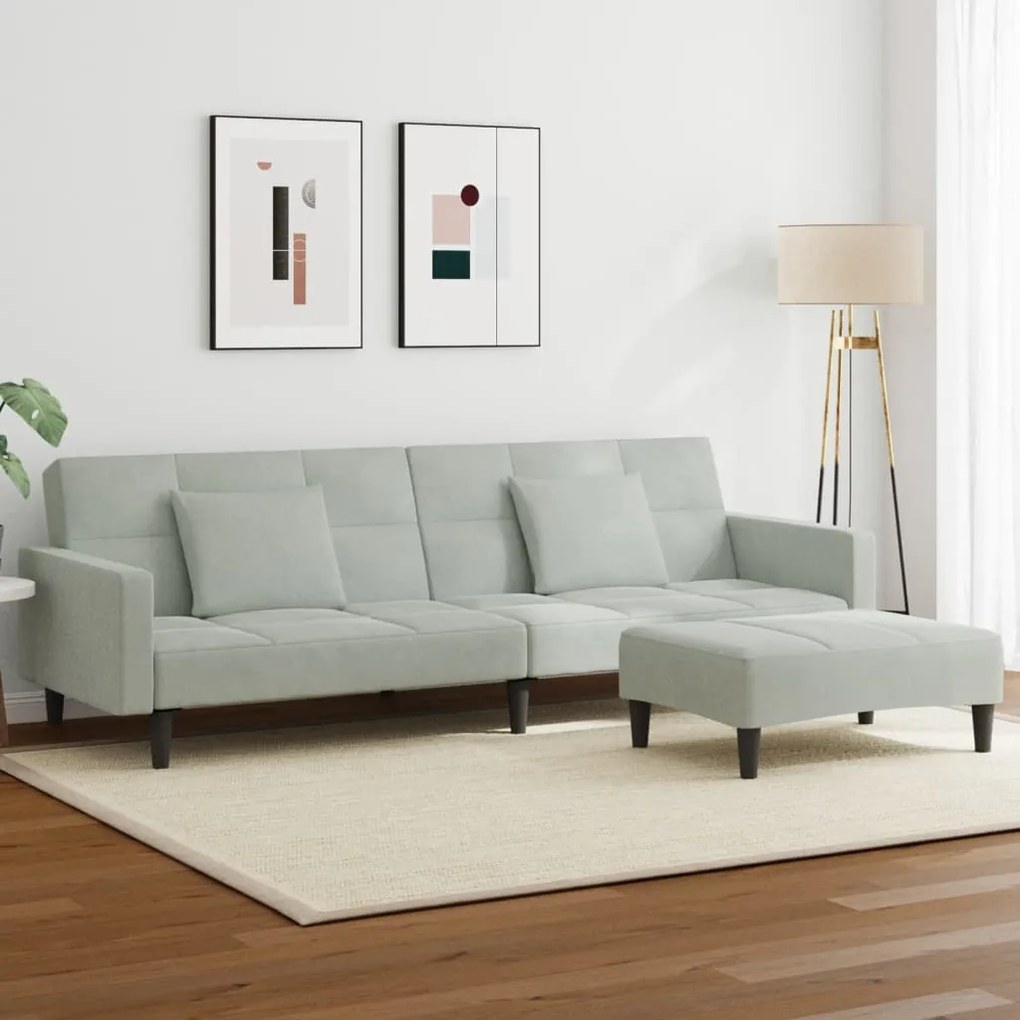 Divano Letto A 2 Posti Con Poggiapiedi Grigio Chiaro İn Velluto /