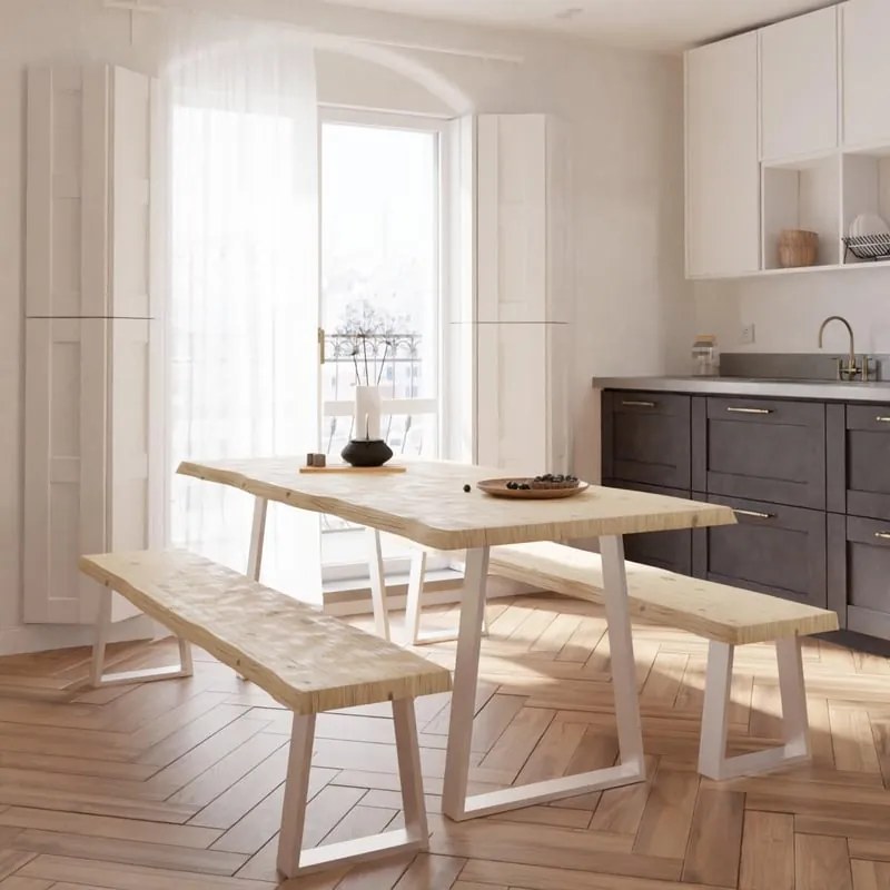 Panca da interno Trapezium in acciaio e seduta in legno, bianco e marrone