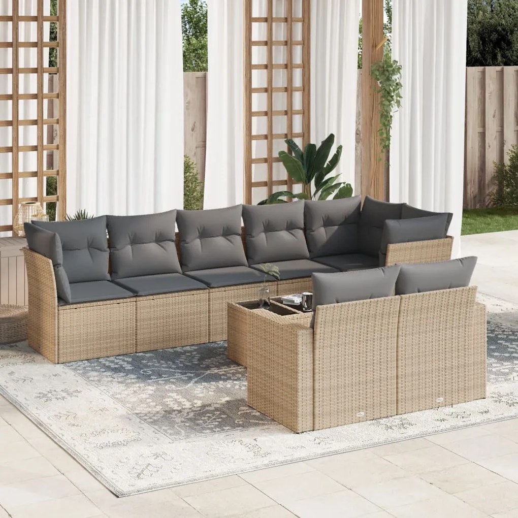 Set divano da giardino 9 pz con cuscini beige in polyrattan