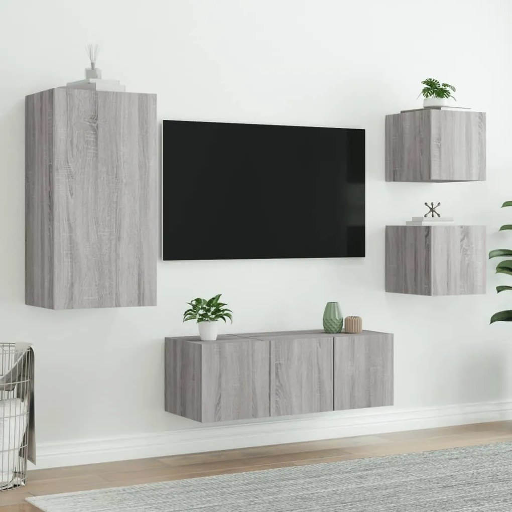 Mobili tv a muro con led 5pz grigio sonoma in legno multistrato